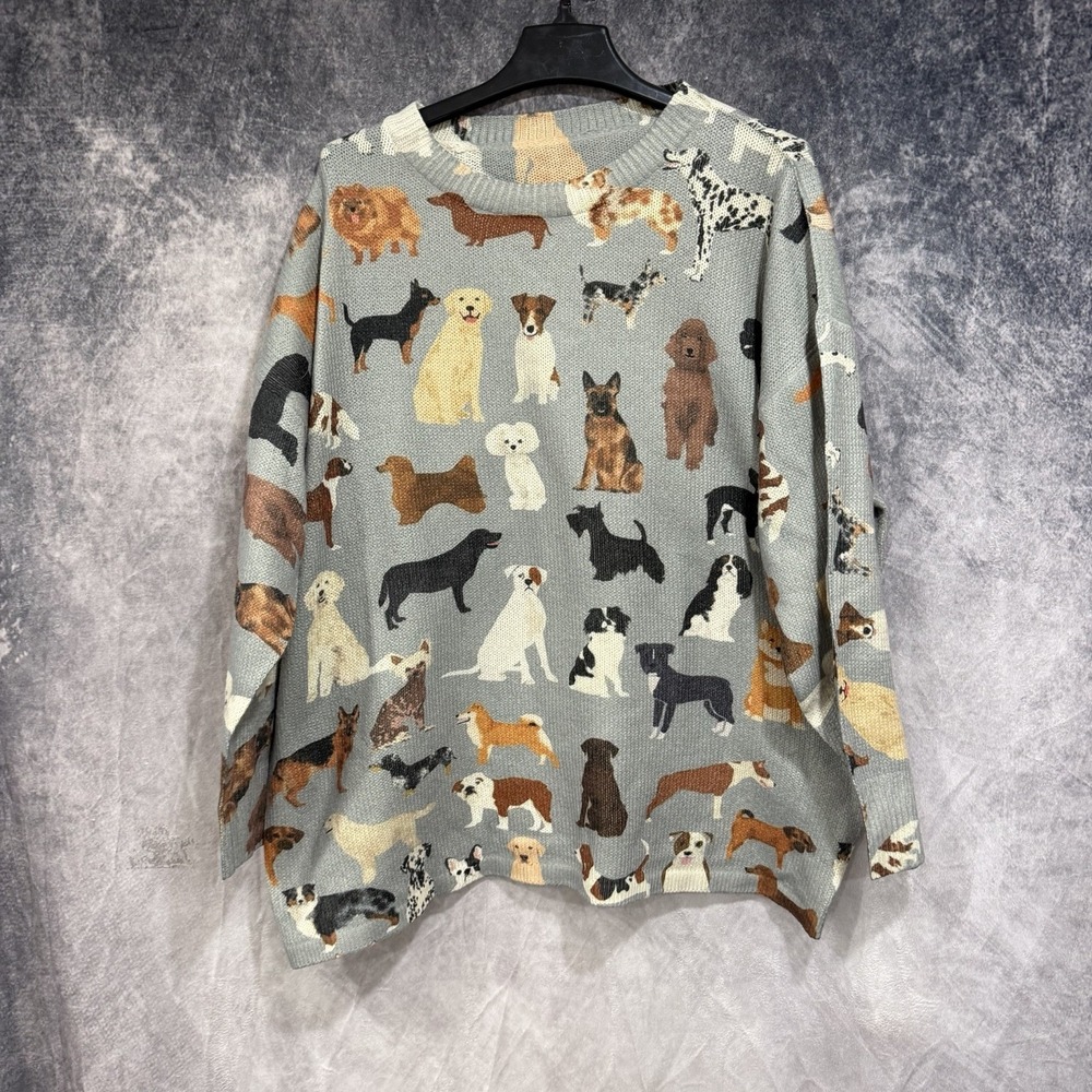 Women's 3XL Dog Print Sweater Gray Multicolor Novelty Knit Pullover Puppy Breeds